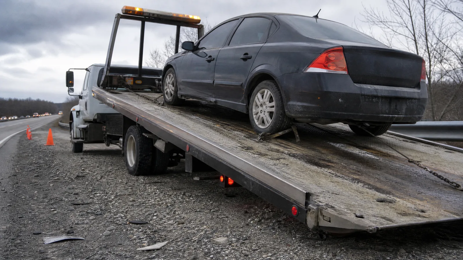 Flatbed wrecker at the roadside with its deck tilted and a sedan winched partway up the ramp